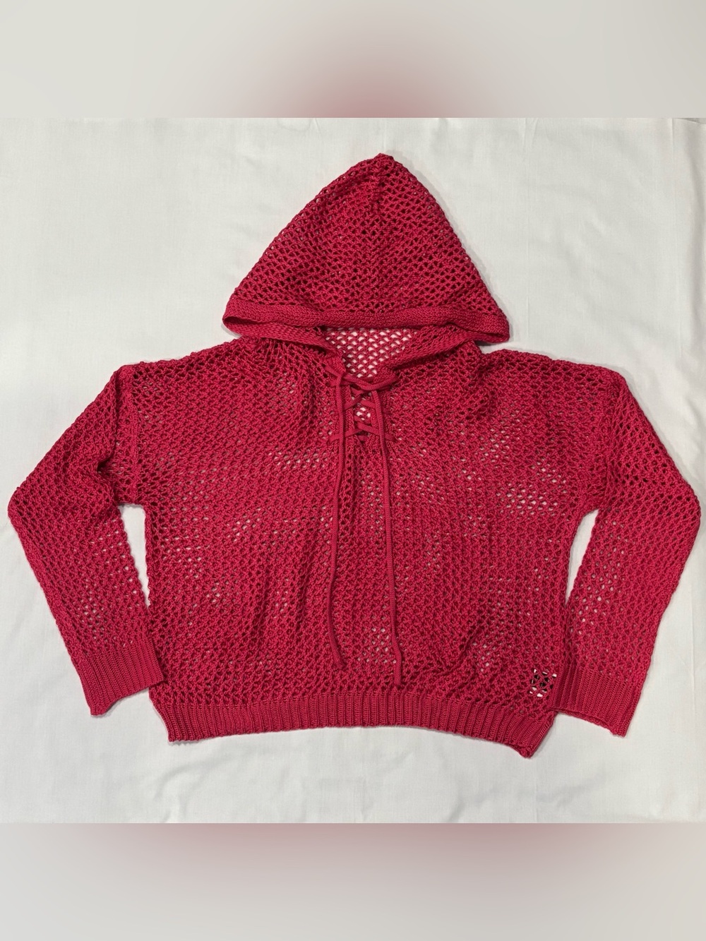 SHEIN EZwear Pink Crochet Knit Hoodie Women’s Medium Lace Up Beach Core Boho